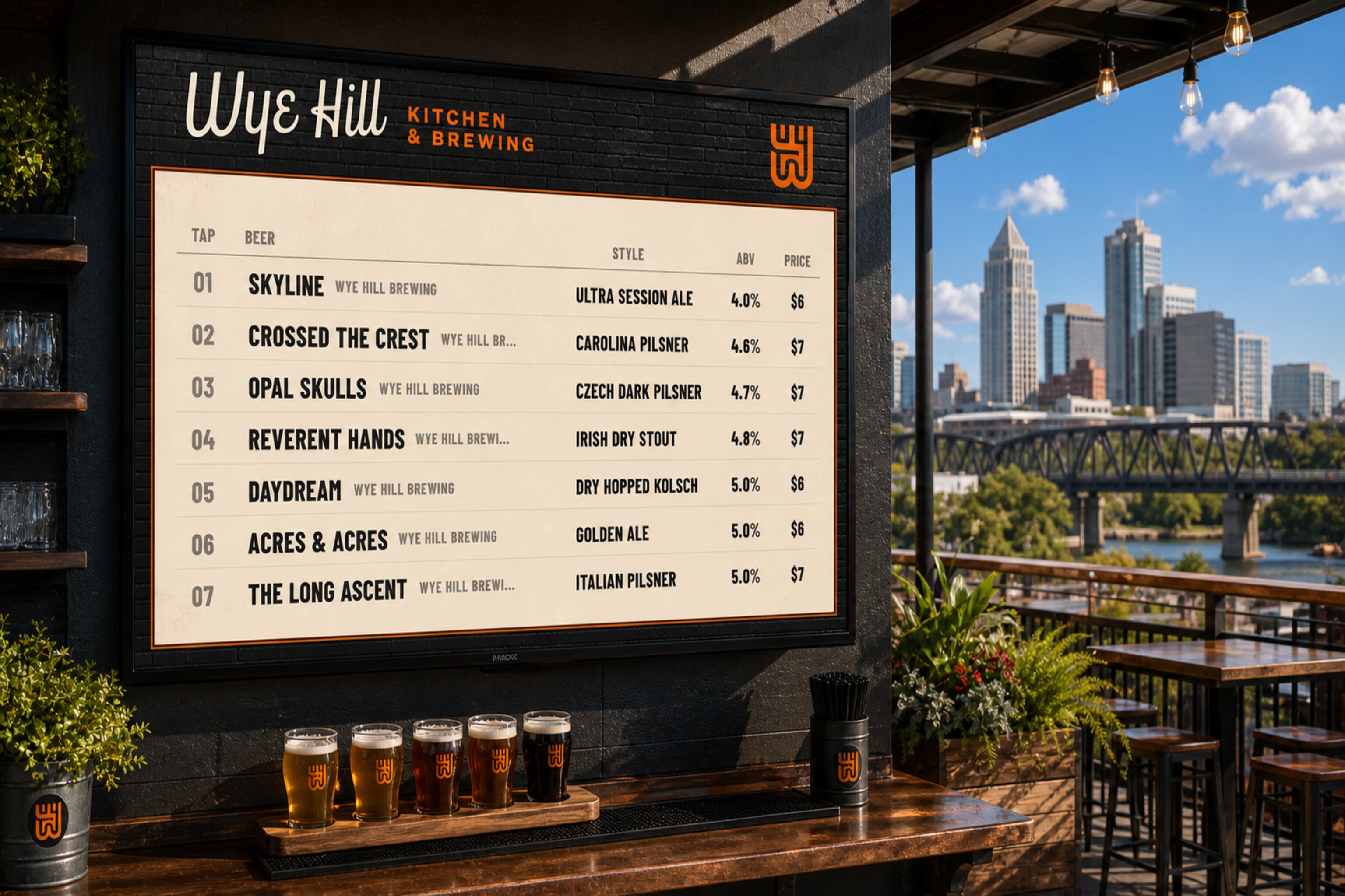 Wye Hill digital beer menu shown on a TV in a generated patio mockup