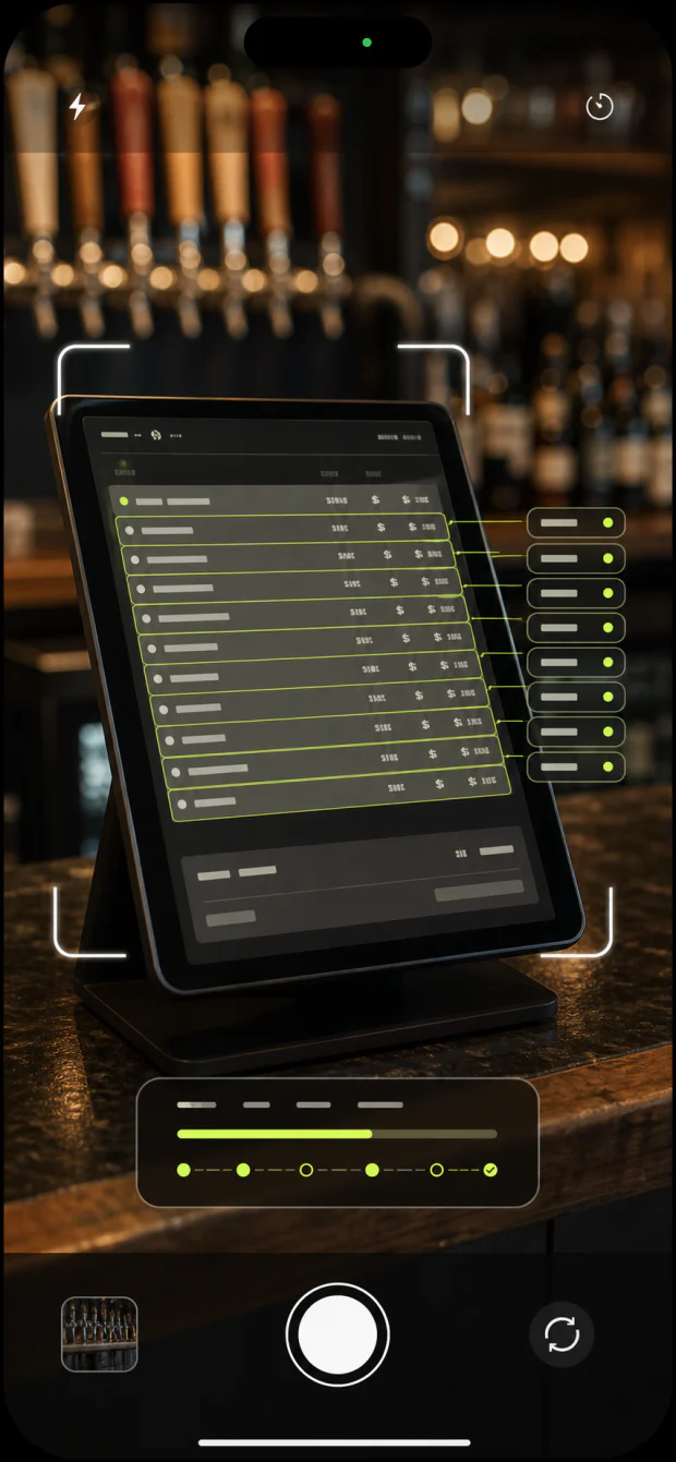 Phone camera scanning a PoS screen and extracting tap list data